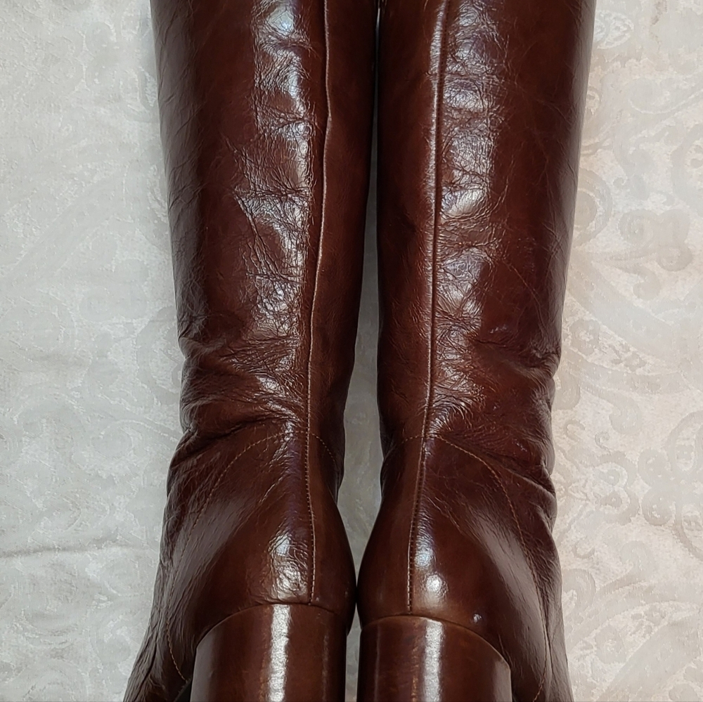 Women's Tall Brown Leather Heeled Boots - Picture 11 of 16